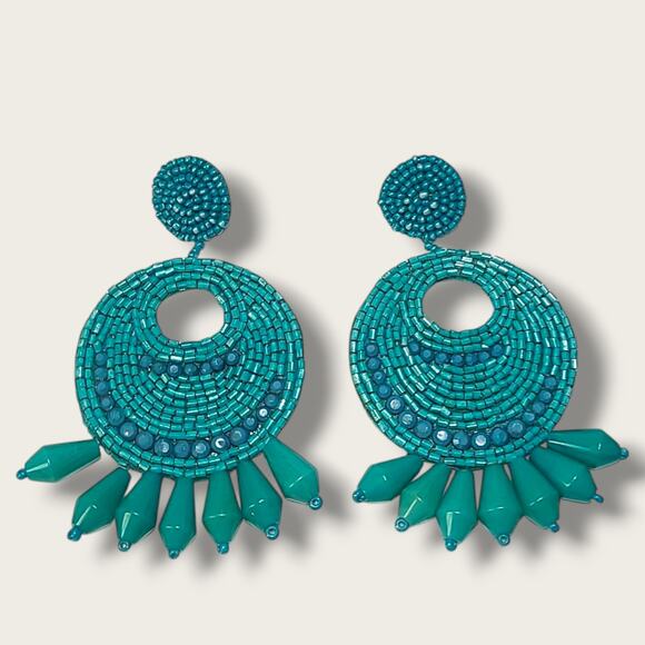 Kenneth J Lane KJL Turquoise Seed Bead Round Gypsy Hoop Drops Pierced Earrings - Picture 4 of 8